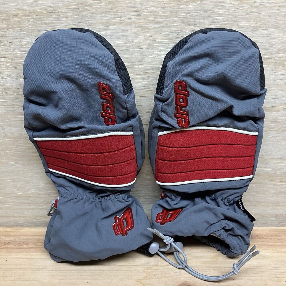 Drop Snowboard Mittens Women’s Large Fleece Lined Adjustable Cuffed Gray Red